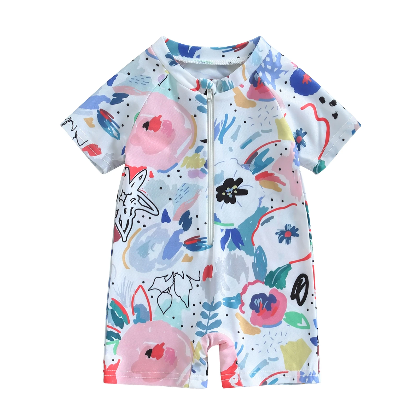 2024 Fashion Baby Girls Boys Rash Guard Swimsuit Playsuits Watercolour Print Zipper Short Sleeve Sun Protection Bathing Suit