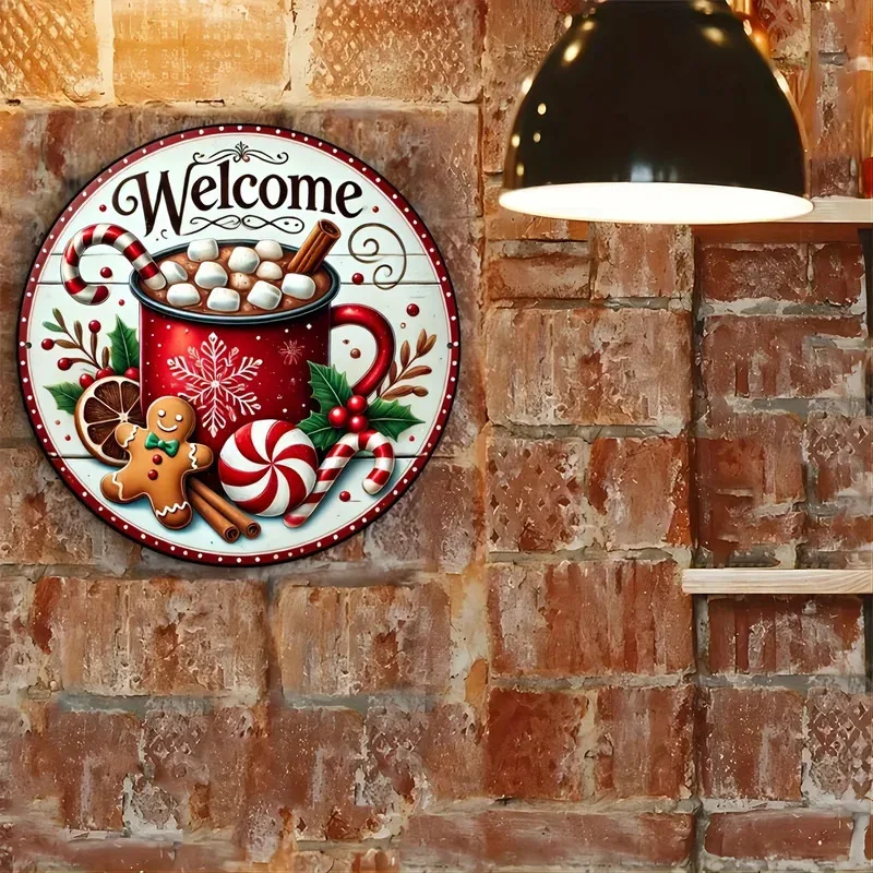 لافتة ترحيب خشبية لعيد الميلاد - 8 × 8 بوصة من خبز الزنجبيل المستدير وأطباق تزيين إكليل العطلات للغرف والجدران #4