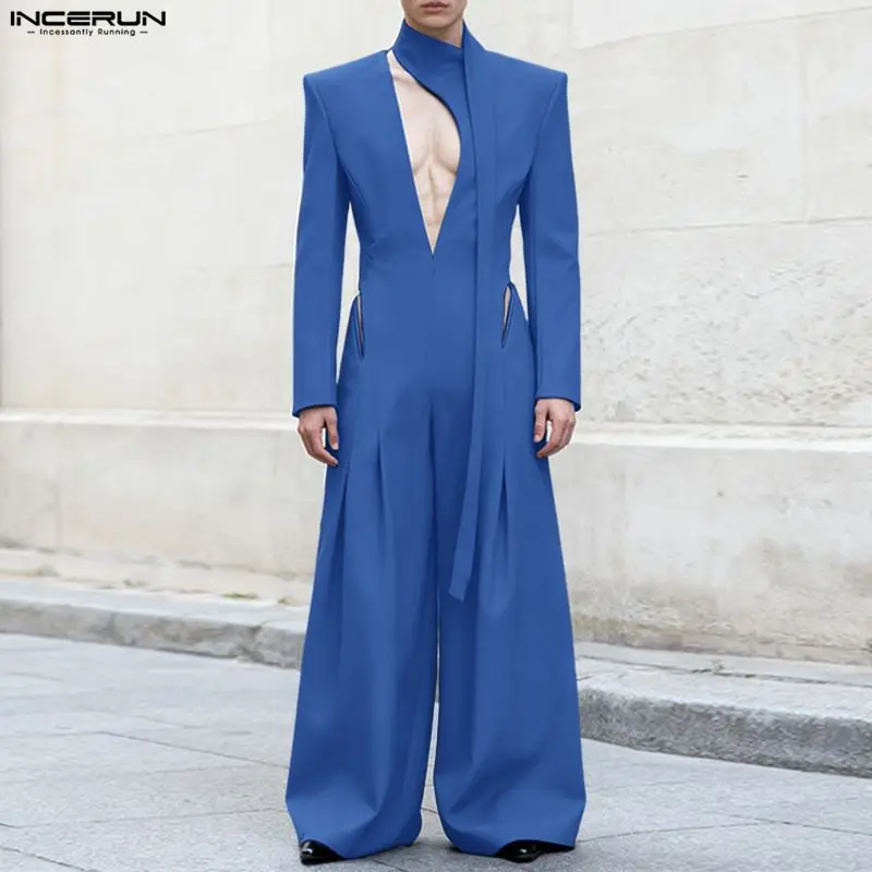 INCERUN Men Jumpsuits Solid Color V Neck Long Sleeve Hollow Out Rompers Men Streetwear Elegant Fashion Casual Overalls With Belt