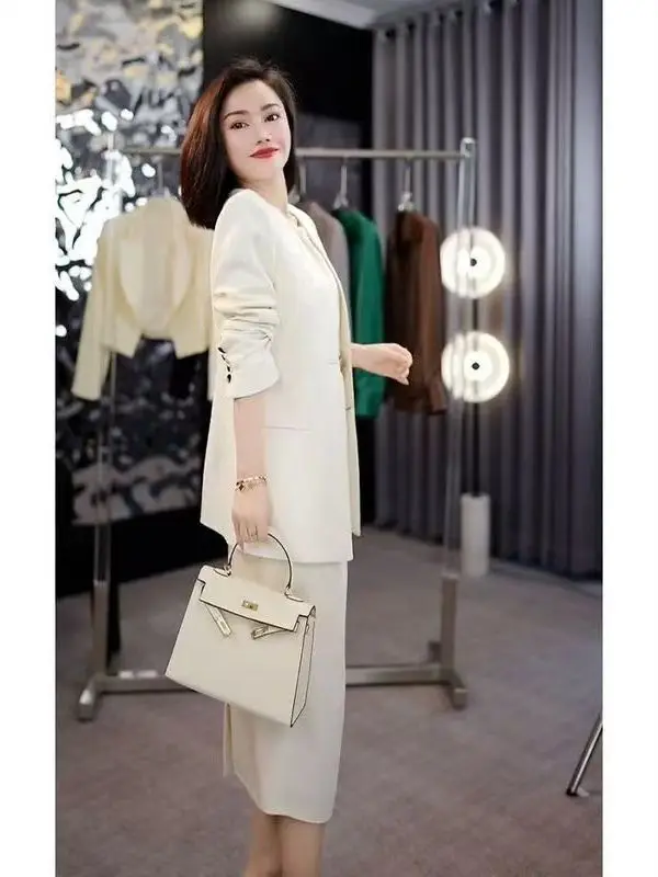 

Fashionable OL Suit Set with Jacket Slimming Dress Brand Tag Removed Korean Style High Waist Long Sleeve Polyester Fiber