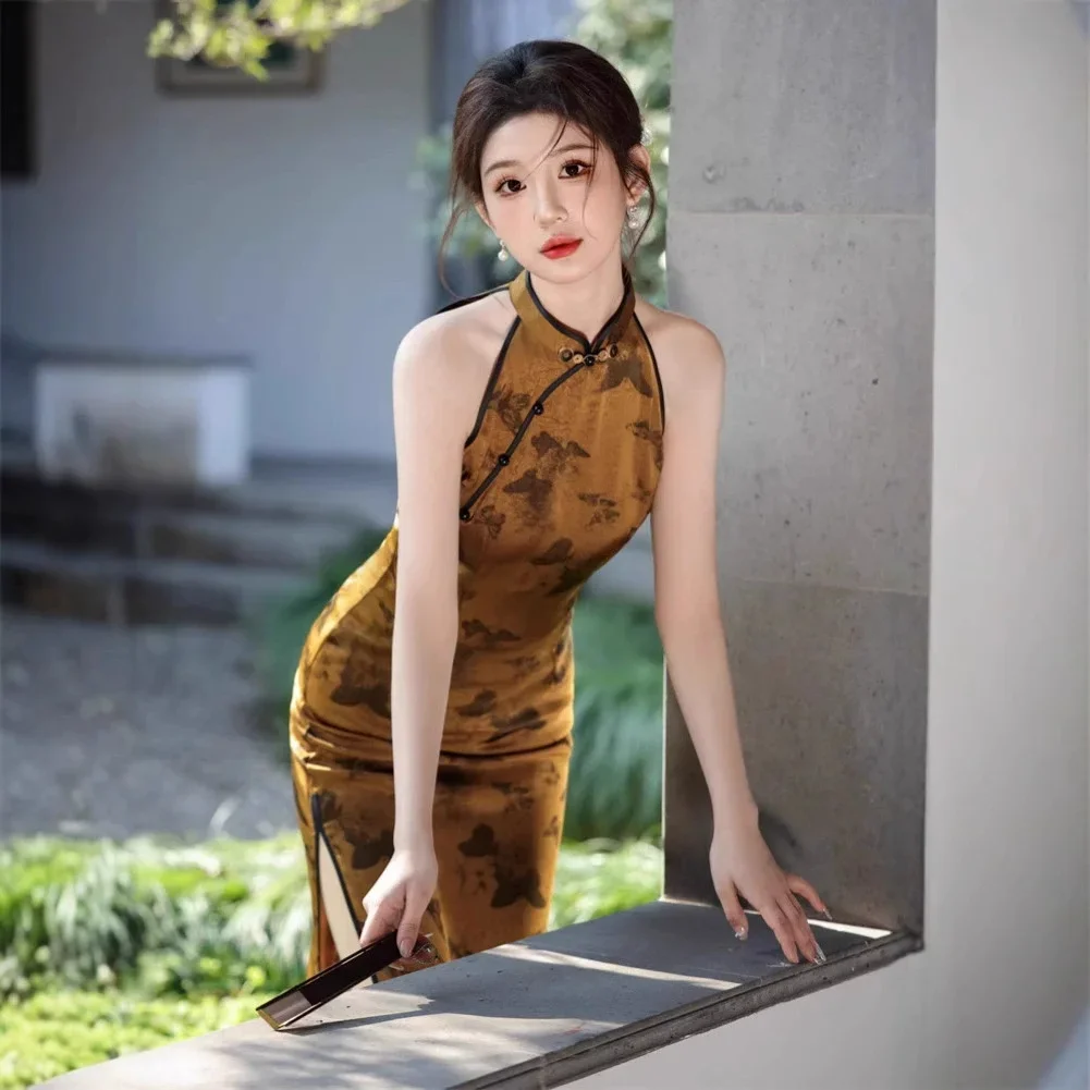 

Улучшенное элитное желтое жаккардовое атласное платье Cheongsam для молодых девушек, высококачественное нежное вечернее платье Ципао в китайском стиле для женщин
