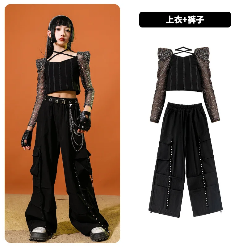 Kpop Black Jazz Dance Clothes Girls Shiny Crp Tops Pants Hip Hop