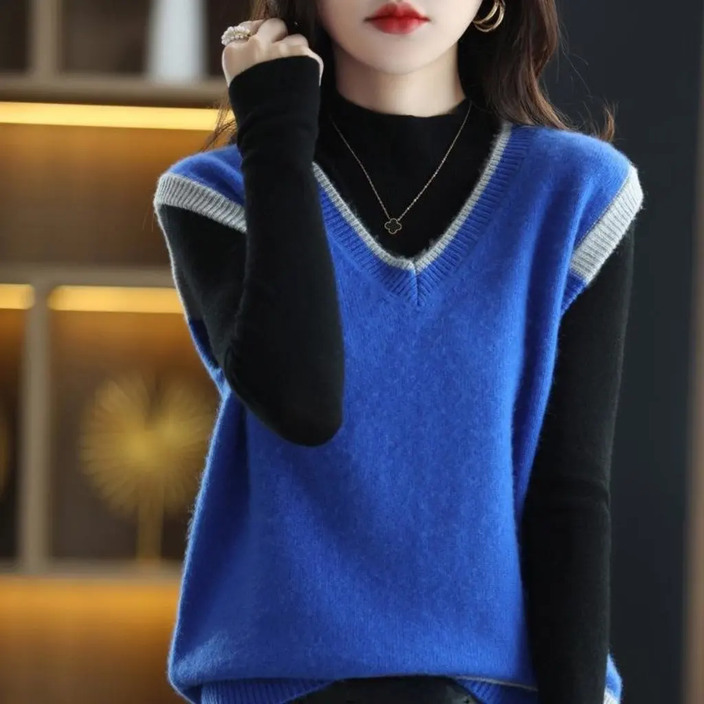 

Women's Korean Style V-Neck Vest Spring Loose Knit Cardigan Color Block Sweater