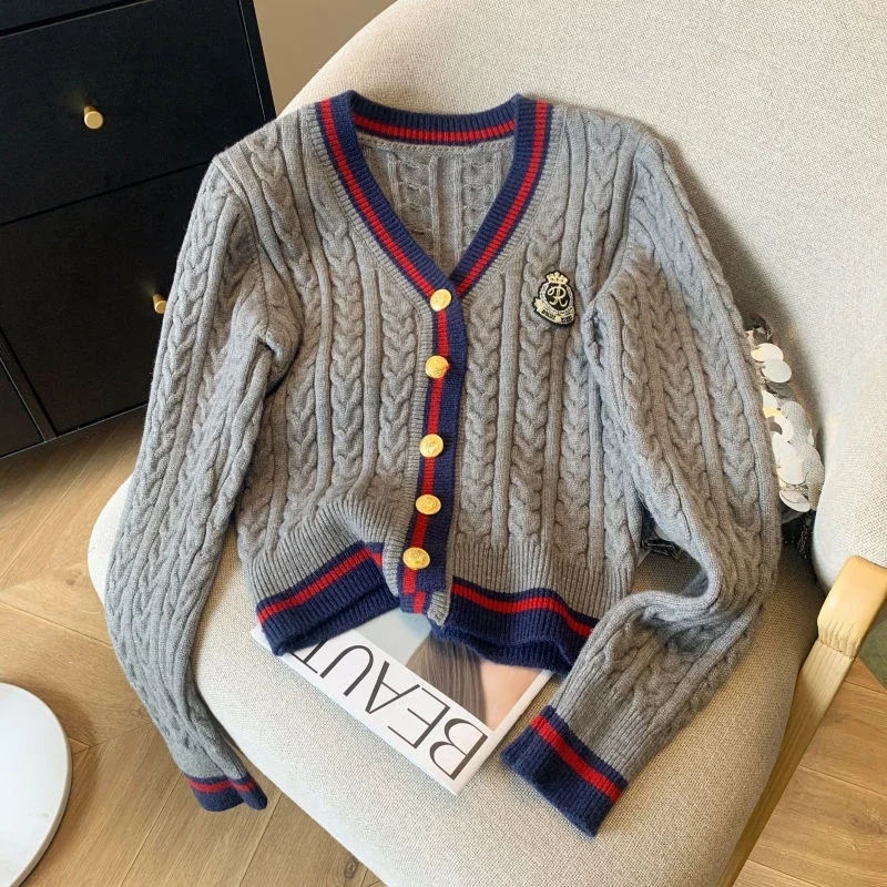 HOUZHOU-cárdigan de punto estilo Preppy Y2k para mujer, Jersey de punto informal Vintage con cuello en V, suéter Kpop para otoño e invierno, abrigo estético