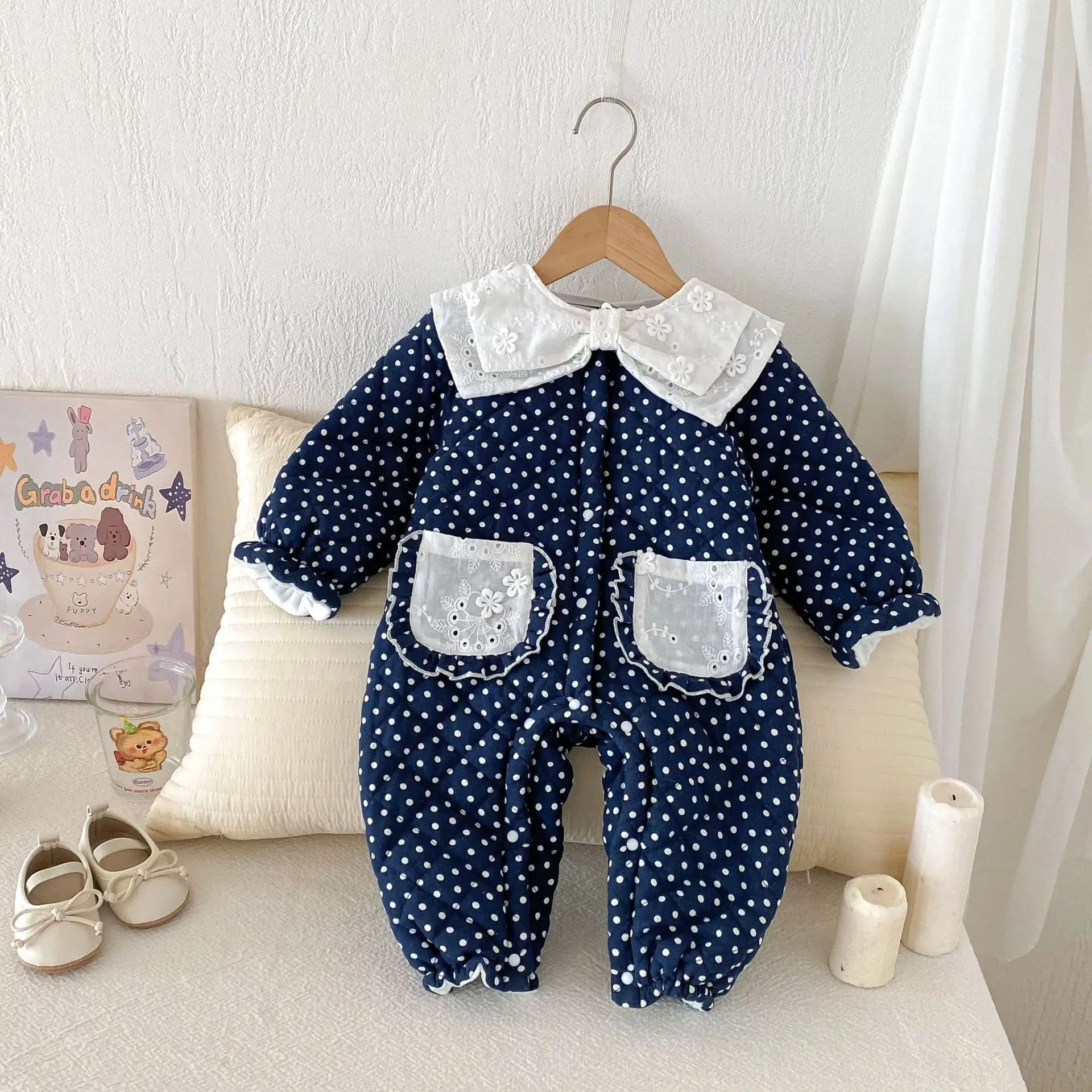 Winter Newborn Infant Baby Girls Cotton Princess Polka Dots Thick Lapel Crawl Kids One-Piece Fashion Baby Clothing