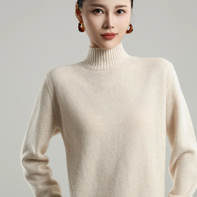 Double stranded thickened semi high neck cashmere sweater for women's autumn and winter new 100 wool loose sweater