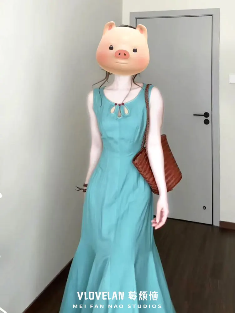 

Peacock Green Hollow Out Mermaid Dress for Women Summer Design Sense Niche Elegant Temperament Waist-Cinching Mid-Length Sleevel