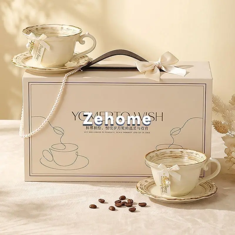 Retro coffee cup and saucer set 2026 new high-value ceramic mug couple pair of cups wedding birthday gift