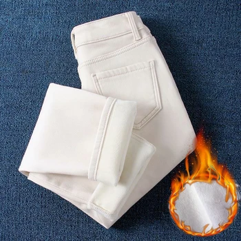Winter High Waist White Pencil Jeans Skinny Denim Pants Plush Velvet Lined Warm Vaqueros Korea Vintage Casual Women Pantalones
