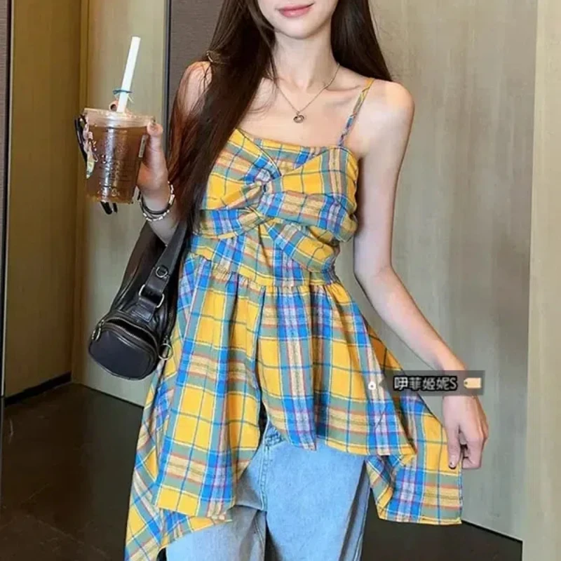 

Patchwork Pleated Plaid Slim Asymmetrical Tanks Summer New Sleeveless Irregular Sling T Shirt Tops Sweet Fashion Women Clothing