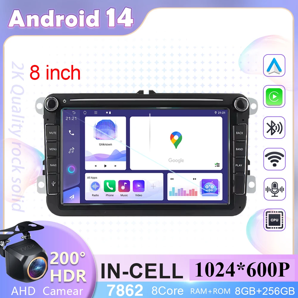 

8 inch Android 14 For VW Passat golf Polo Jetta Skoda Car Head Unit Multimedia Player Radio Wireless Carplay 5G WIFI Smart DVD