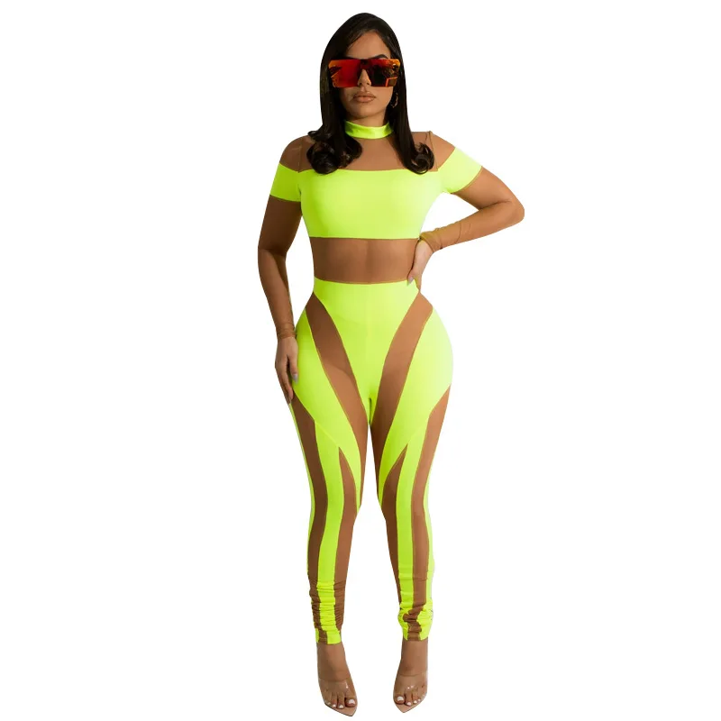 Neon Color Rompers Women Sexy Sheer Mesh Patchwork See Through Party Club Jumpsuit Summer Long Sleeve Outfit Fitness Overalls