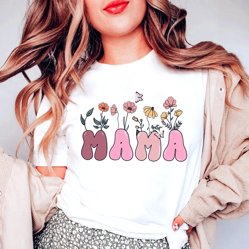 Camisetas de manga corta con estampado de letras de mamá y flores para el Día de la Madre, camisetas informales de verano con cuello redondo, regalos para el Día de la Madre