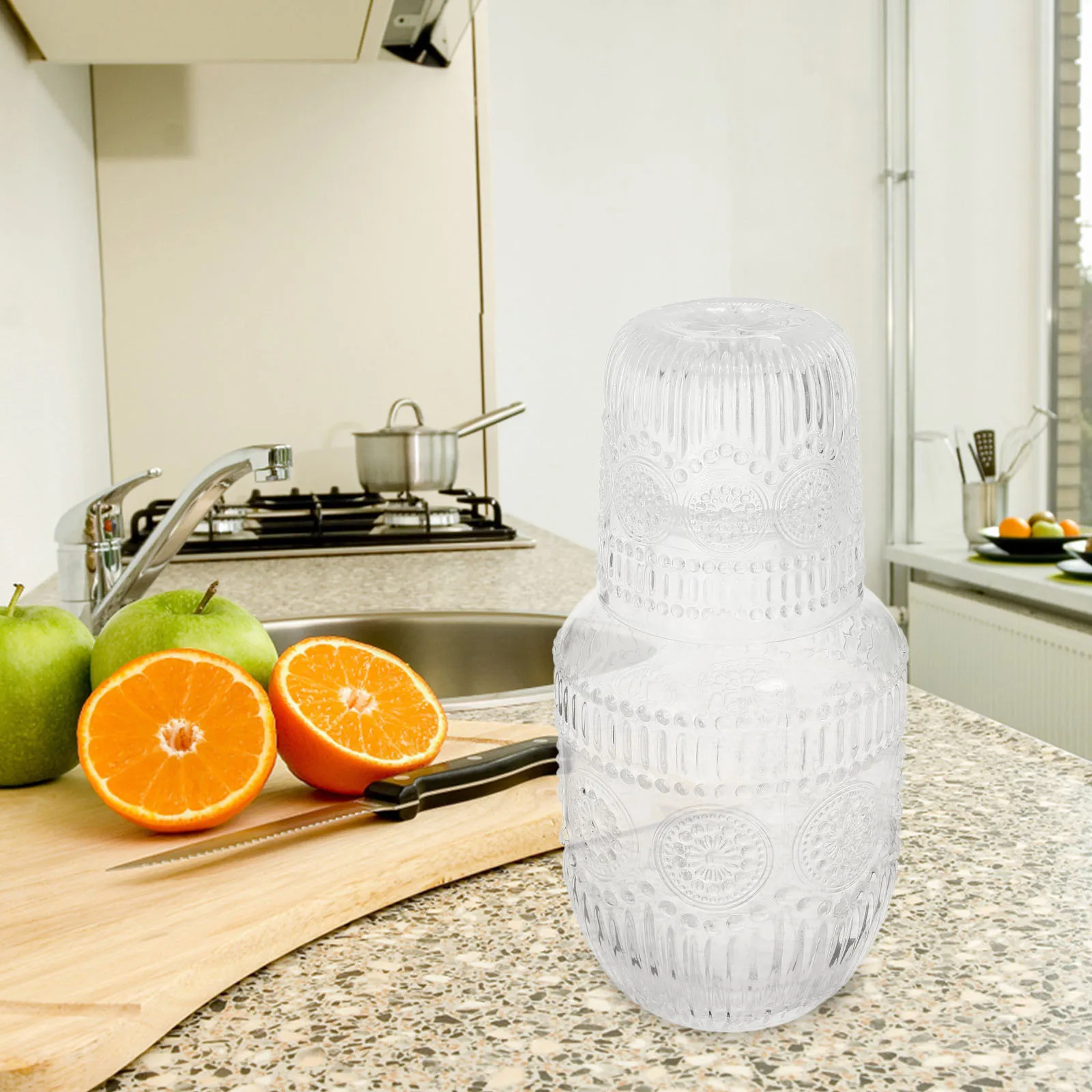 

Glass Water Bottle Set Embossed Carafe Sunflower Pattern Clear Beverage Pitcher Night Water Decanter Cop Lid Milk Pitcher