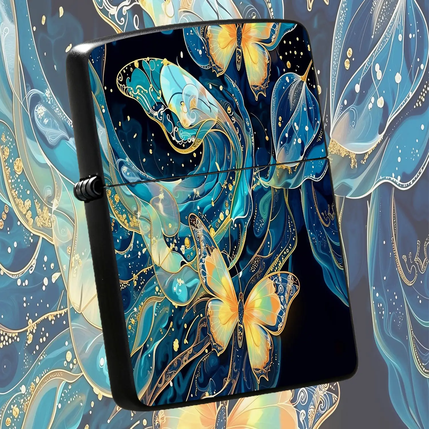 Ethereal Goldprinted Lighter, Delicate Resin Art Style Blue Fluid Swirl Pattern, Portable Stylish Ignition Accessory For Daily Camping Travel Gifting, Elegant Decorative Practical Tool For All Occasions A Humorous And Interesting Lighter