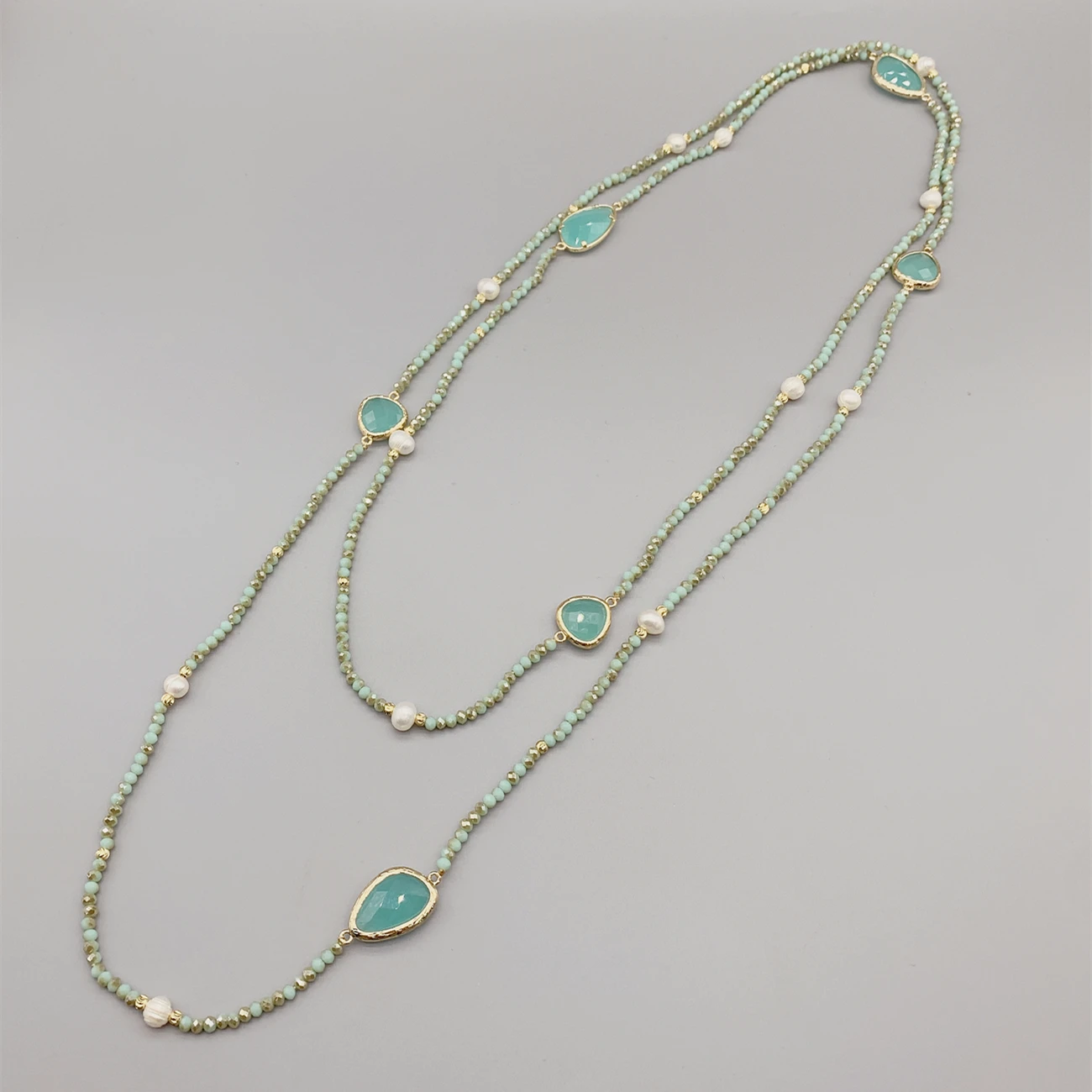 Faceted Cut Irregular Aqua Quartz Long Necklace With 5-6mm White Freshwater Pearls 2mm Crystals And Hammered Gold Beads 50 Inch