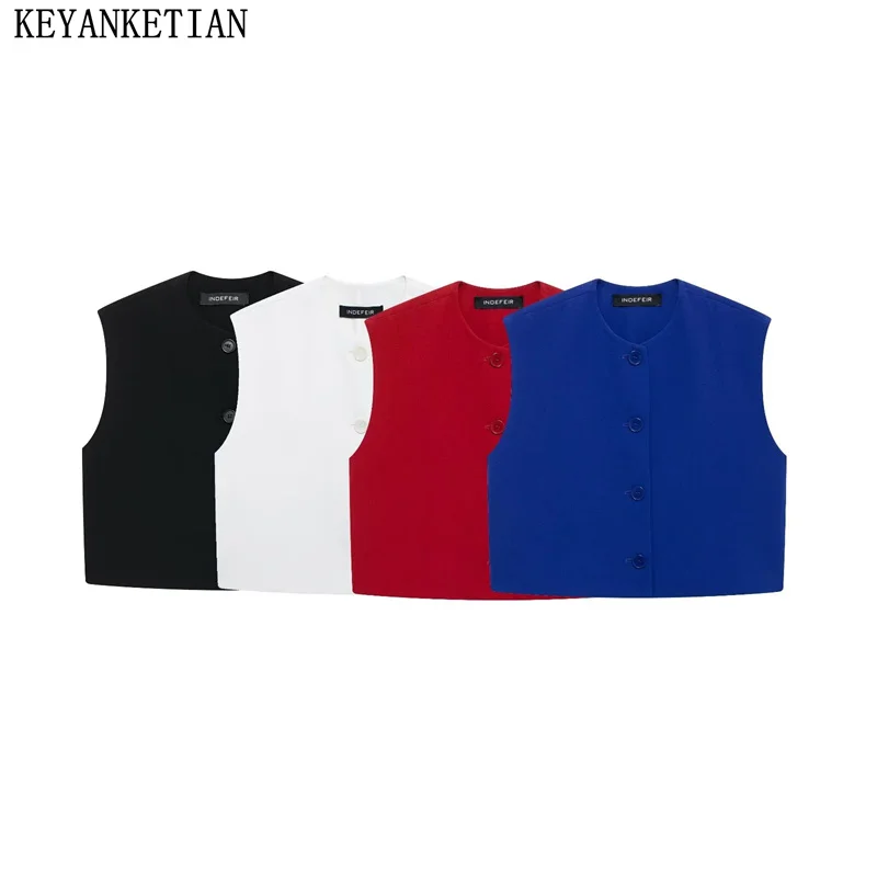 KEYANKETIAN 2024 New Women Solid color Vest Waistcoat Simply O-Neck Single Breasted Straight Sleeveless Crop Top Casual Camisole