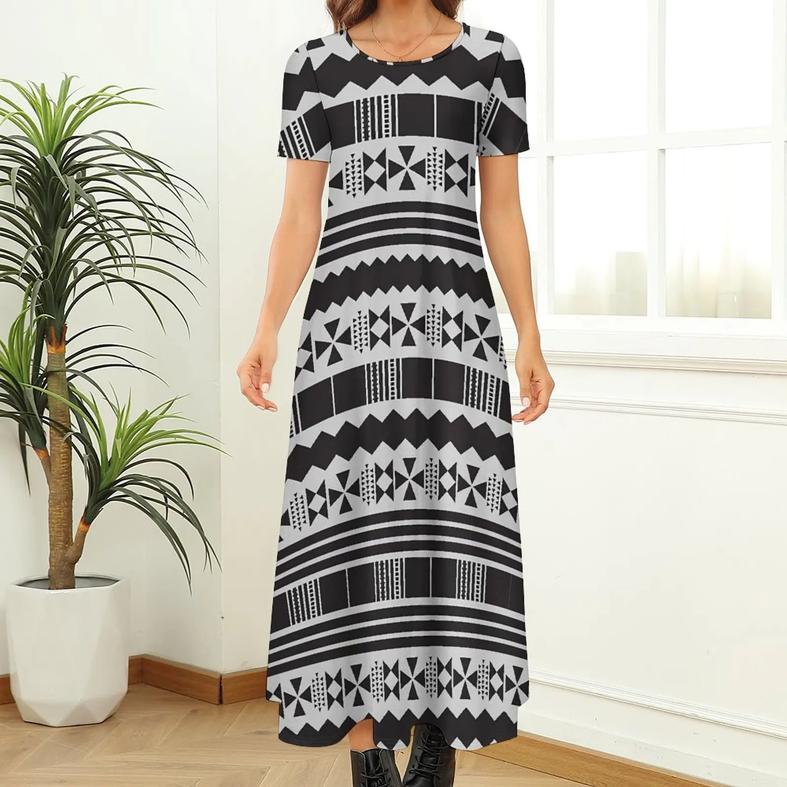 Abstract Ethnic Aztec Dress Black And White Streetwear Boho Beach Long Dresses Female Retro Maxi Dress Birthday Present