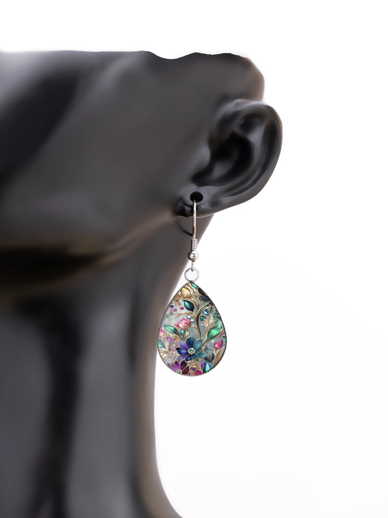 1 Pair of Valentine's Day Flower-Patterned Earrings with Convex Glass and 316 Stainless Steel Teardrop Ear Hooks, in a Retro and Simple Style Suitable for Women for Daily Gift-Giving and Wearing, Jewelry Earrings with an Elegant and Simple Style Suitable for Women for Everyday and Vacation Wear