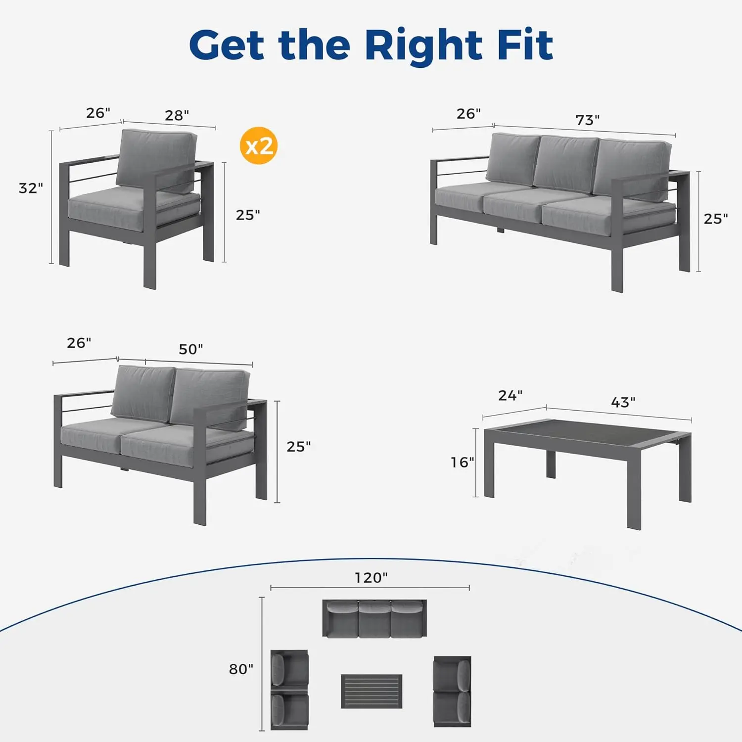 Aluminum Outdoor Patio Furniture Set, Modern Patio Conversation Sets, Outdoor Sectional Metal Sofa with 5 Inch Cushion,Dark Grey