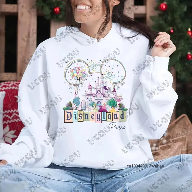 

Осень-зима 2026, женские хлопковые толстовки с принтом замка «Принцесса Диснея», «Волшебное королевство», повседневный пуловер, большие топы для пар