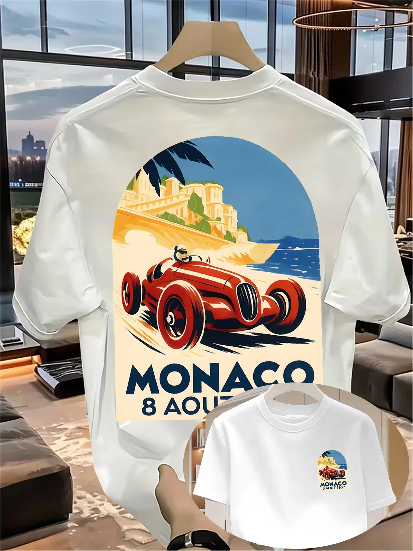 Men's Monaco Racing Car Graphic T Shirt Cotton Vintage Retro Automobile Coastal Scenery Print Oversized Streetwear Summer Tee