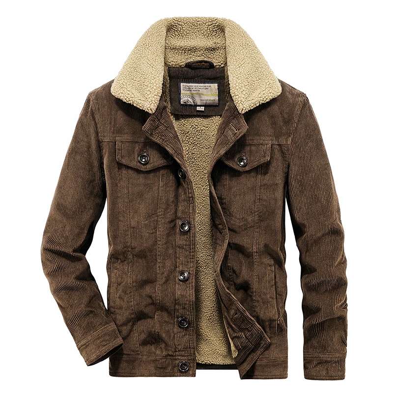 

Men's Winter Fleece Coat Corduroy Parka Turn-down Collar Warm Jackets for Men Two Pocket Single Breasted Overcoat Mens JJ528