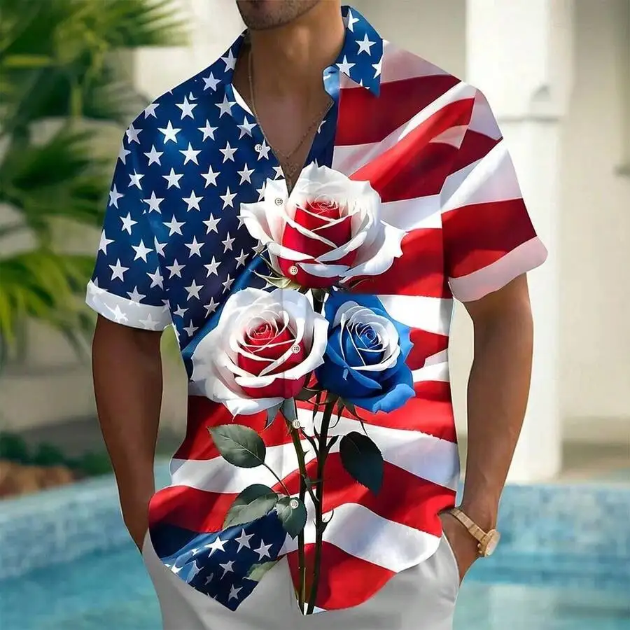 

Mens American Flag Patriotic 3D Print Casual Short Sleeve Turn-Down Collar Shirt