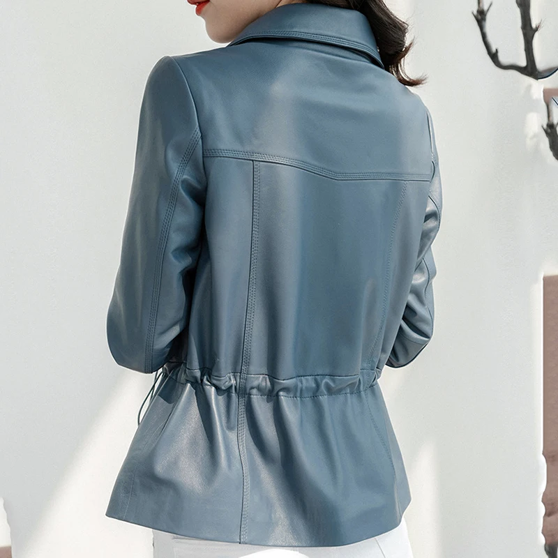 2023 Leather Jacket For Women's Spring Casual Short Sheepskin Double Breasted Waist Drawstring Suit Collar Genuine Leather Coat