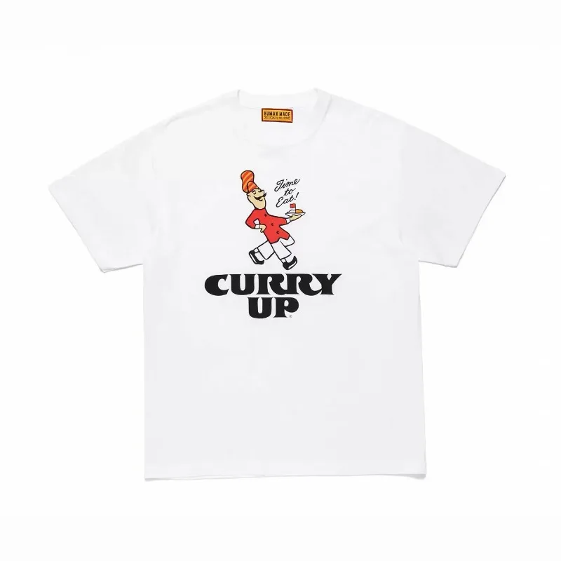 Human Made Style CURRY UP VERDY Graphic Slub Cotton T-Shirt, Casual Tee for Unisex