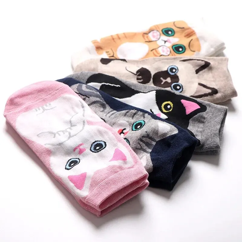 5 Pairs/Set Women's Cartoon Cute Cat Ankle Socks Breathable Perfect for Everyday Fashion