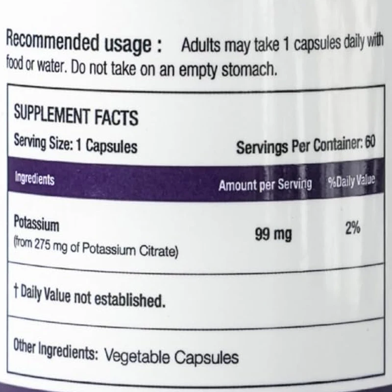 Potassium Citrate Supplement 99mg, Bone and Muscle Support, Potassium Supports Electrolyte Balance, 60 Capsules