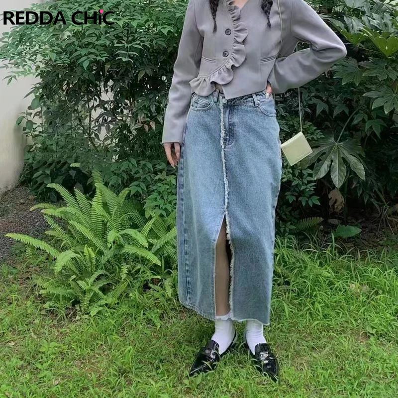 

ReddaChic Front Slit Irregular Maxi Denim Skirt High Waist Women Long Jean Skirt Tall Girl Friendly Stylish Y2K Vintage Clothes