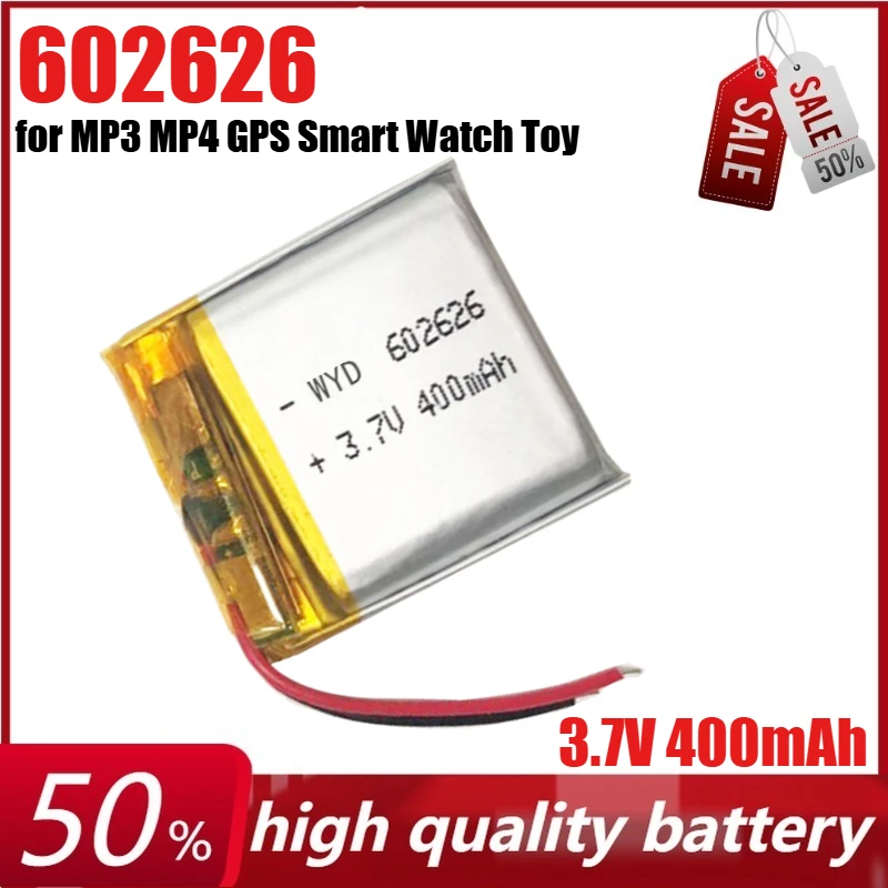 

3.7V 400mAh 602626 Lithium Polymer Rechargeable Battery for MP3 MP4 GPS Smart Watch Toy DVR Bluetooth Headset Lipo Cell