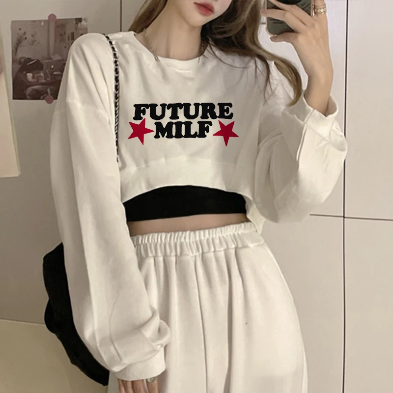 Future Milf Star Print Women Sweatshirt O Neck Streetwear Slogar Popular Hoodies Long Sleeve Clothes 2000s Y2k Pullover Crop Top