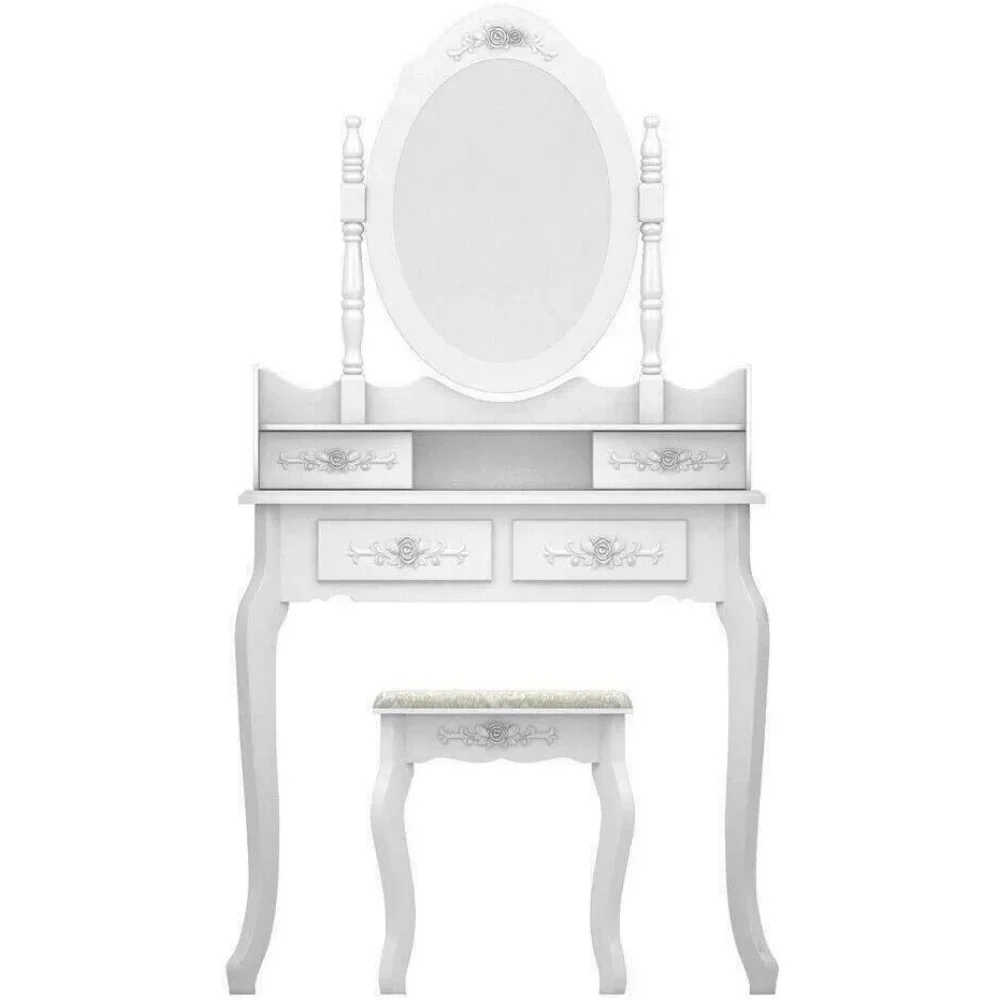 Drawer Table with Lighting Mirror & Power Strip Dressing Vanity Table with Lights 4 Drawer Mirror Wood Desk