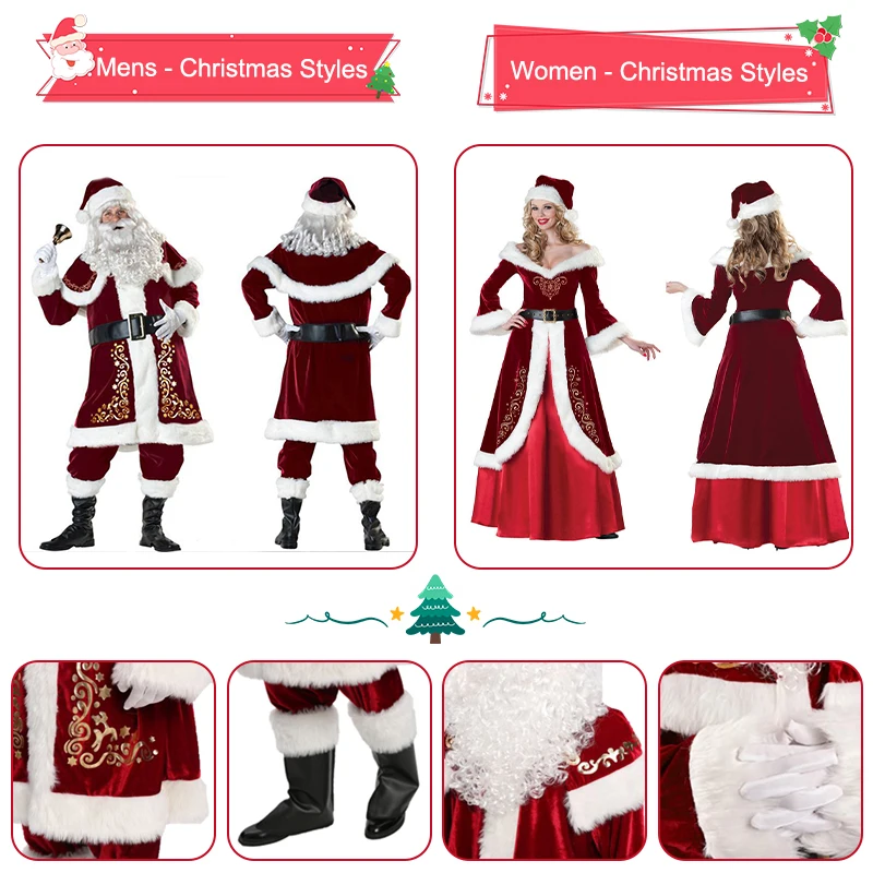 8pcs Set Xmas Party Family Costume Red Deluxe Velvet Fancy Xmas Santa Claus Suit Adult Christmas Cosplay Costume Man Children's