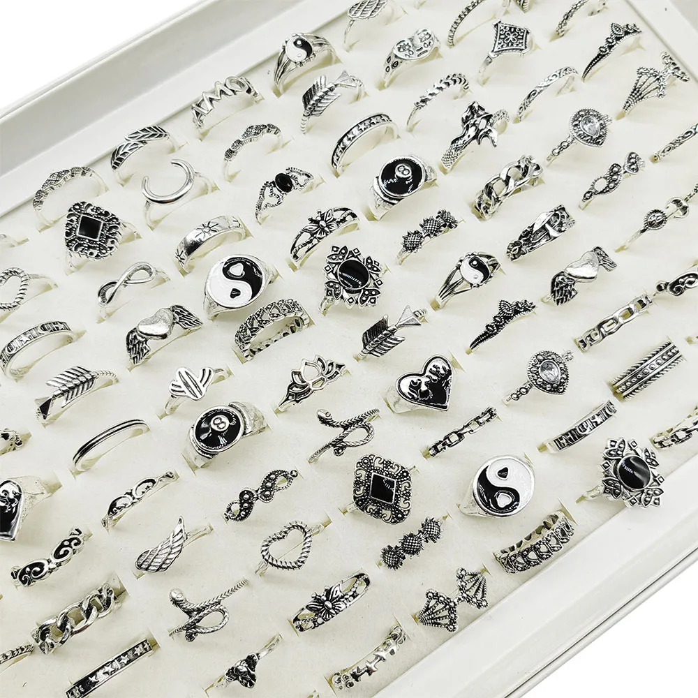 50pcs/Lot New Mix Style Black White Enamel Gossip Heart Wing Vintage Finger Rings for Women Plane Crown Chain Joint Ring Gifts