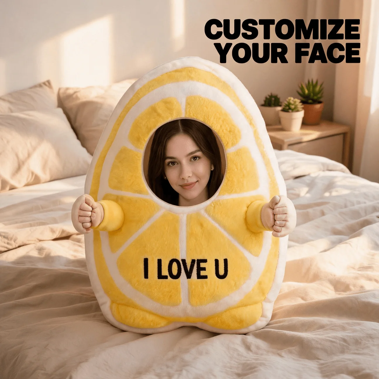 Custom Photo Lemon Shaped Pillow, Personalized Face Cutout Decorative Cushion with I LOVE U Text, Unique Home Decor Accent for S