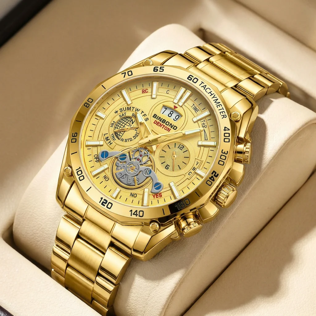 1pcs Gold-toned Skeleton Mechanical Watch Chronograph Metal Strap Trendy Sporty Stylish Wristwatch For Men