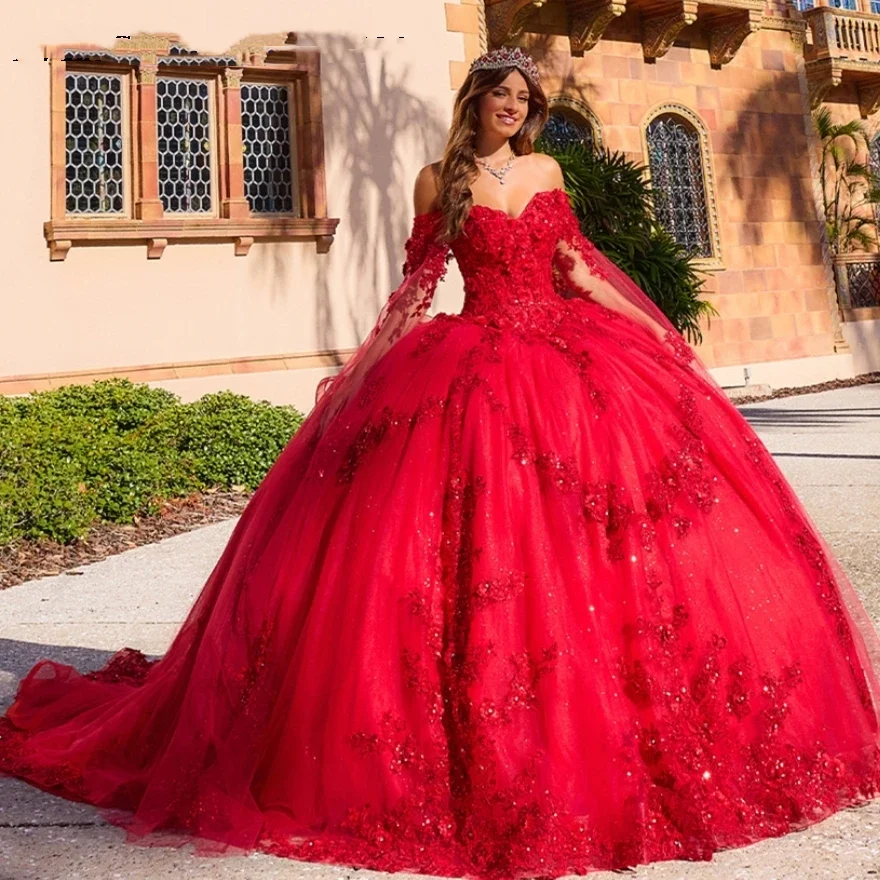 Angelsbridep Glanzende Baljurk Met Lange Mouwen 15 Jaar Quinnceanera Jurken Rode Meisjes Brithday Avondjurk Vestidos De Fiesta