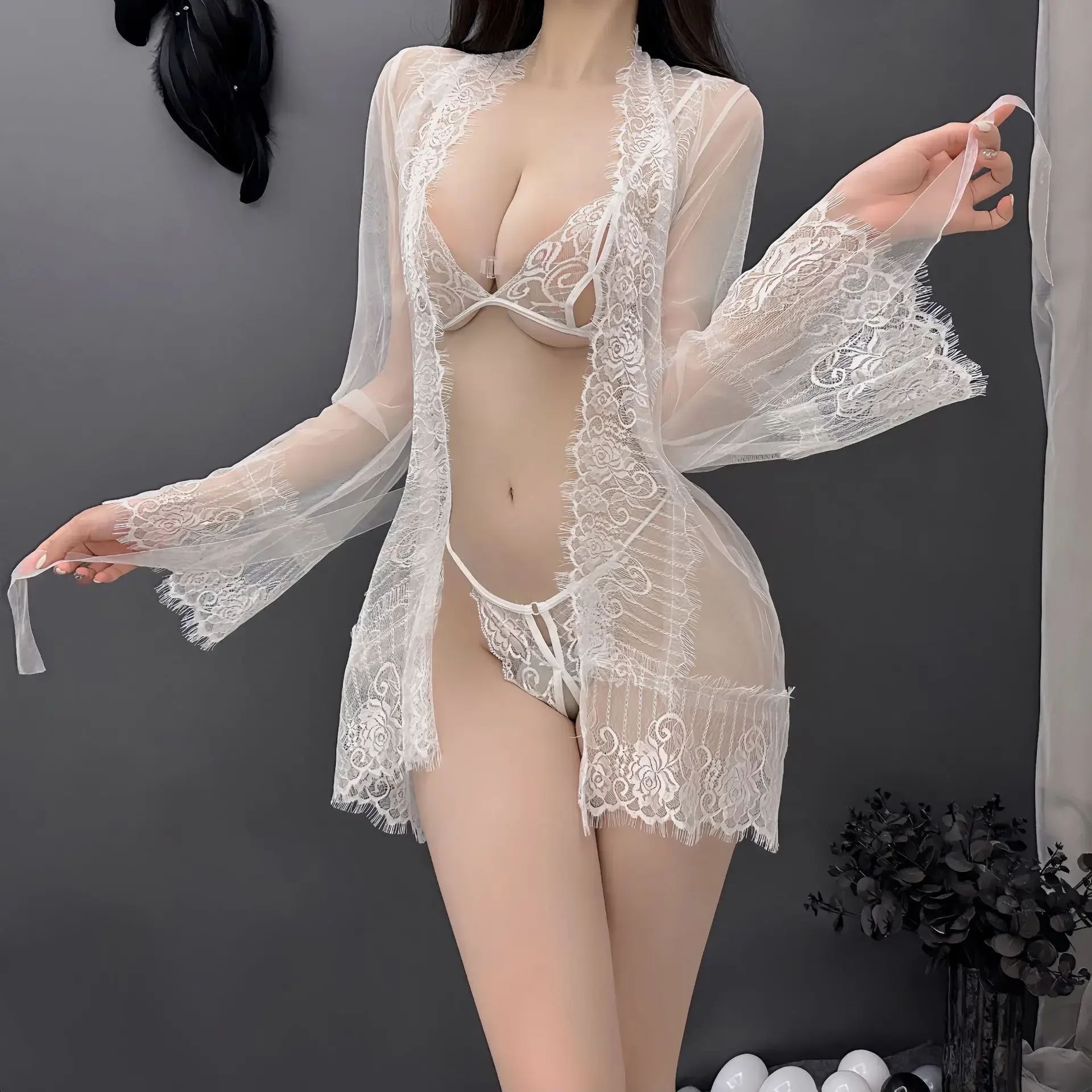 Sexy Lingerie Women Shirts Transparent Sexy Hollow Babydoll Lace Sleepwear Ladies See Through Open Sexy Bodysuit Women Pajama