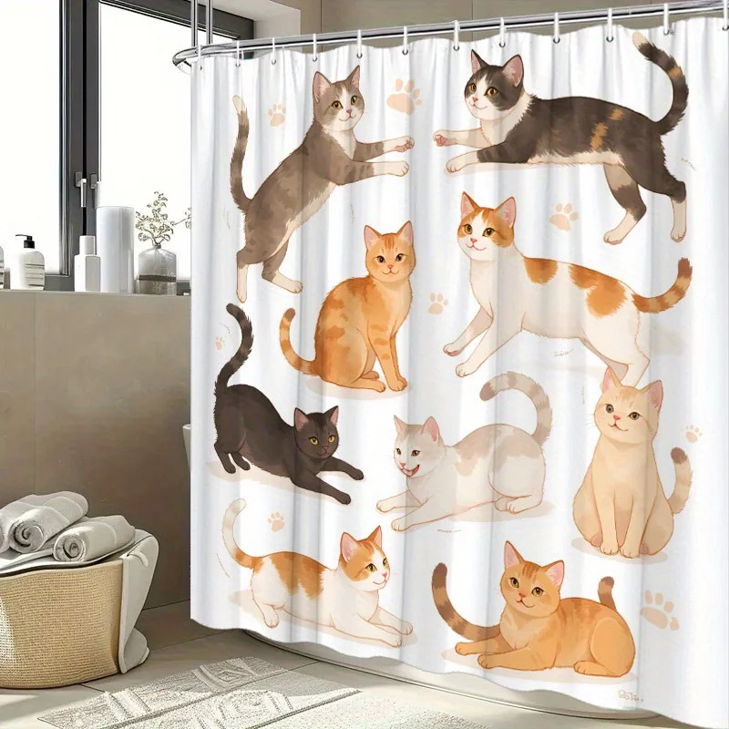 

1 шт., занавеска для душа с игривыми мультяшными кошками — цифровое искусство, полиэстер, 70,8x70,8 дюйма, 12 крючков, можно стирать в машине, современный домашний декор