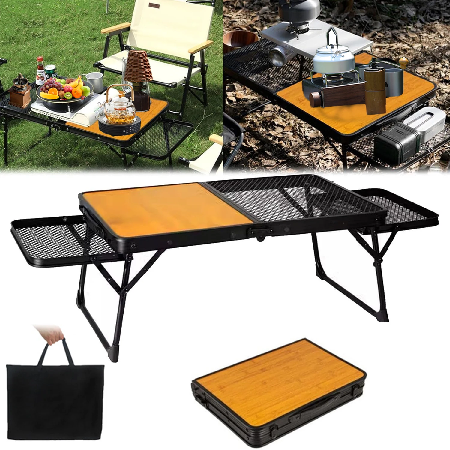 Camping Table Iron Mesh Folding Table Portable Outdoor Camping With Lifting Shelf Mesh Folding Table Outdoor Foldable Table