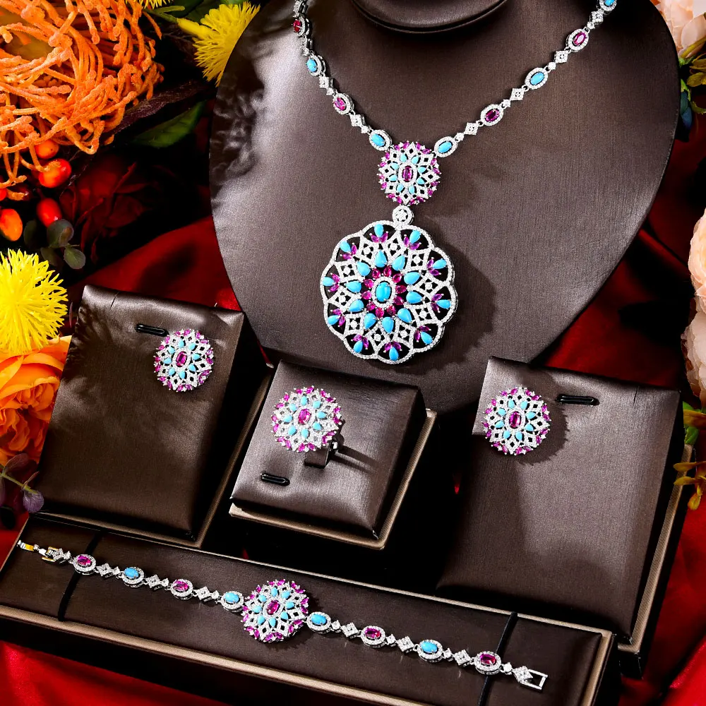 GODKI New Fashion Turquoise UAE Dubai Bridal Jewelry Set For Women Wedding Party Nigerian African Necklace Earring Set