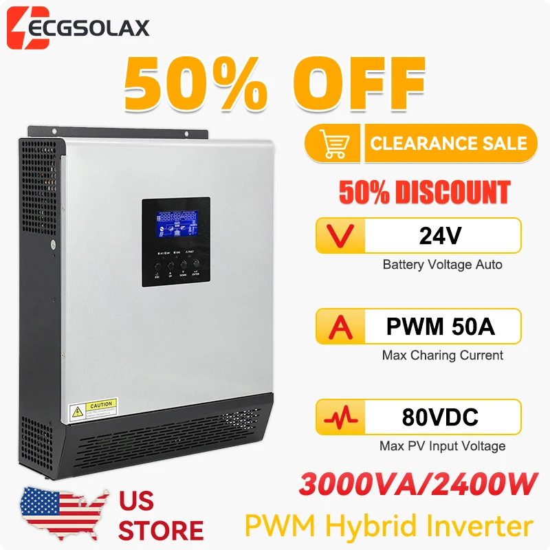 

Гибридный солнечный инвертор ECGSOLAX 3 кВА, 24 В/110 В, со встроенным контроллером заряда PWM 50 А, 2400 Вт, чистая синусоида