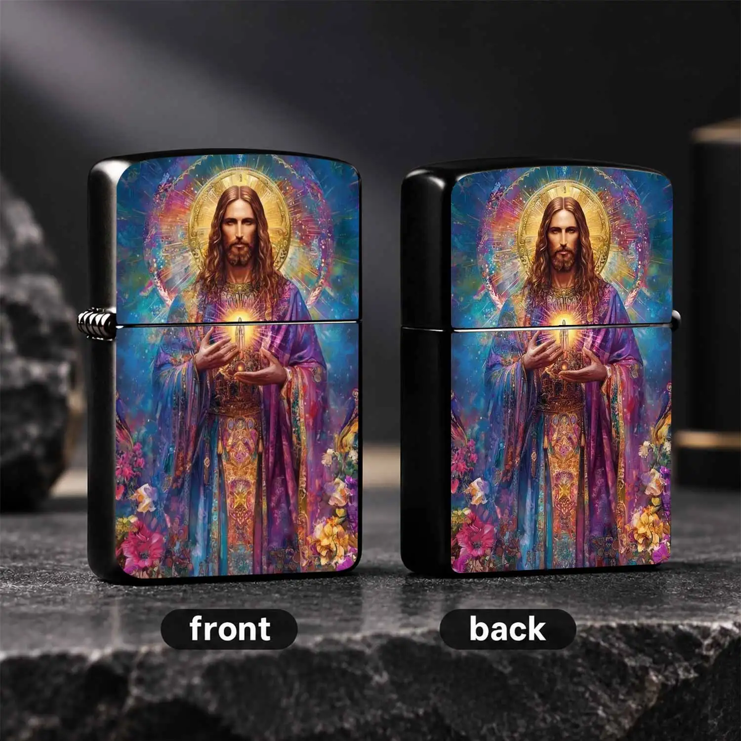 Retro Windproof With Psychedelic Jesus Sacred Heart Pattern, Colorful Artistic Floral Print Decor, Portable Reusable , Ideal Religious Belief Collectible Gift For Devotees, Family And Friends For Daily Use A Fun And Humorous Lighter