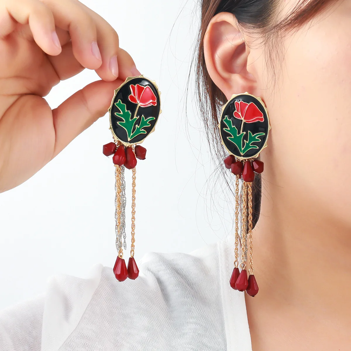 

ZAA Exaggerated Multi-Layer Tassel Oil Dripping Large Floral Earrings Personality Retro Fashion Women Jewelry Accessories Gift