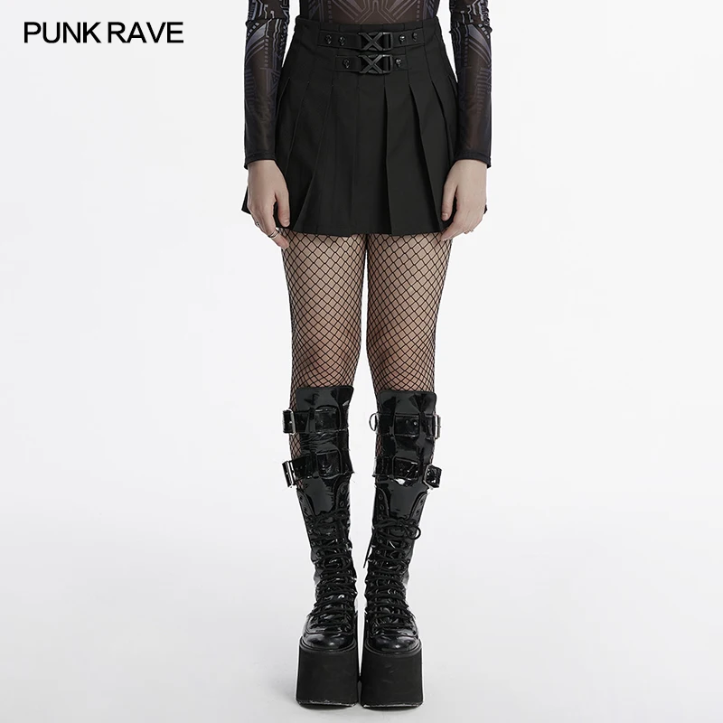 PUNK RAVE Women's Punk Dark Buckle Pleated Skirt Skull Rivet Waist Buckles Daily A-line Mini Skirts for Women