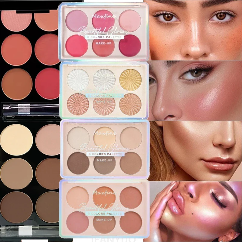 6-kleuren Blush en Contouring Alles-in-één Palet Parelmoer Matte Poeder Gezicht Blusher Glitter Highlighter Blush Make-up Palet